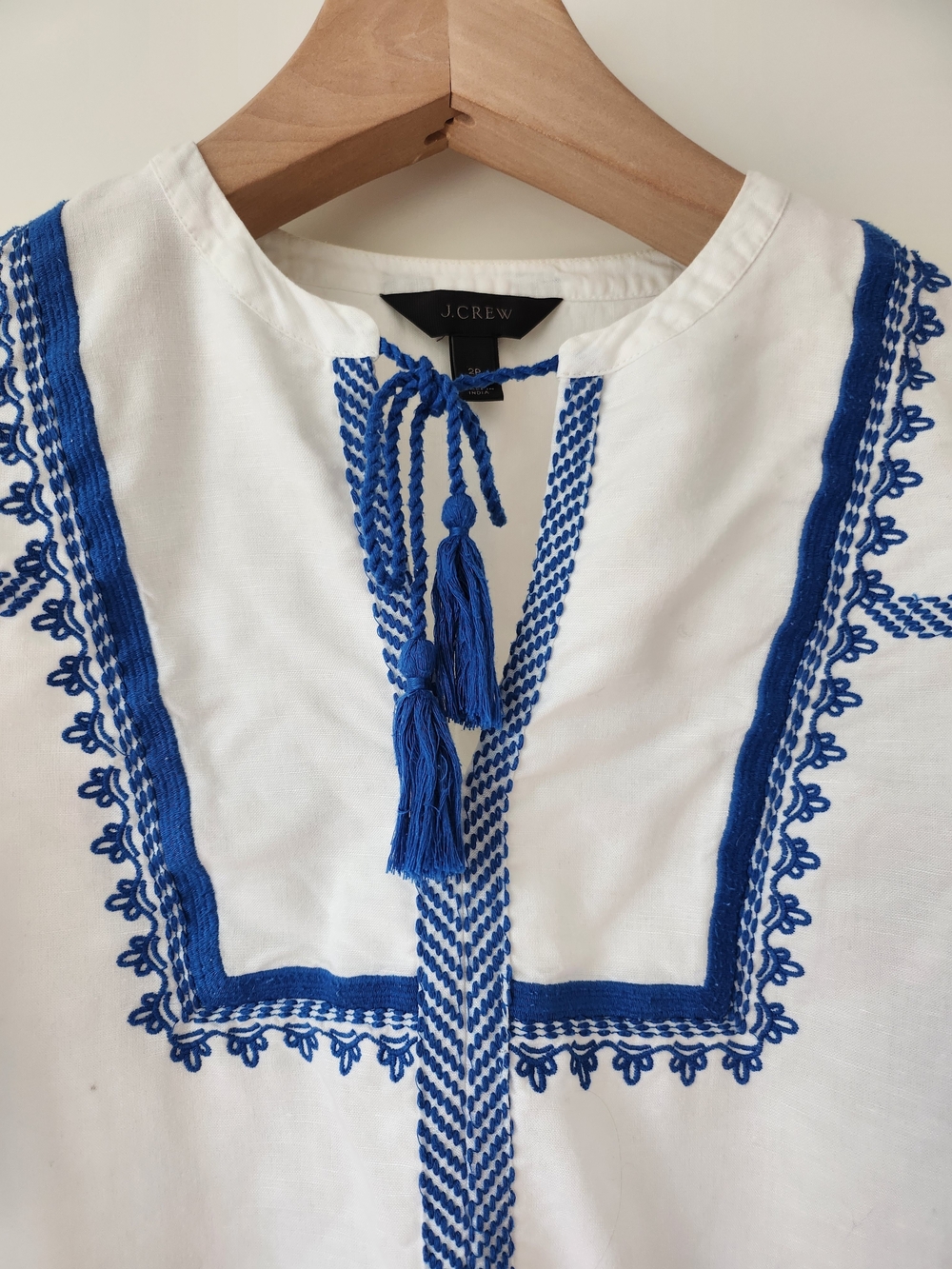 J. Crew White Linen Peasant Blouse with Blue Embroidery - Picture 2 of 7